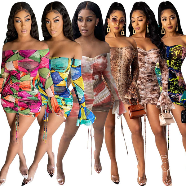 Adogirl Snake Print Long Sleeve Dress Women Evening Party Night Dresses Sexy See Through Drawstring Bodycon Slim Mini Dress