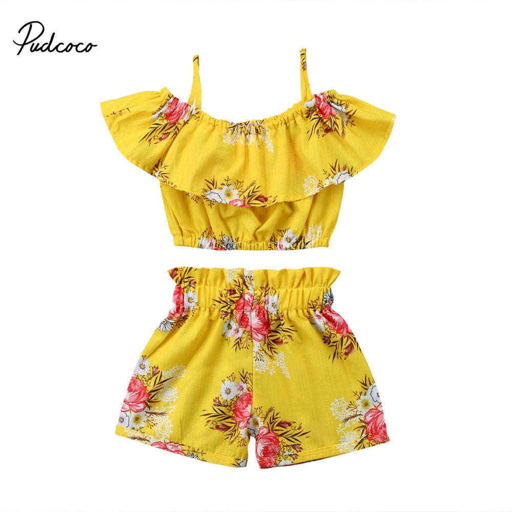 Pudcoco Toddler Girl Summer Clothing Off Shoulder Ruffle Tops Elastic Shorts Bottoms Boutique Kids Clothing Outfits Set 2pcs